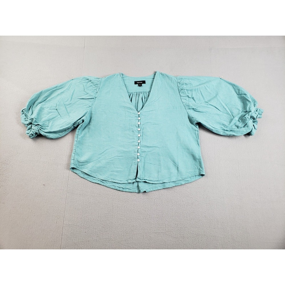 Karen Kane Women Blouse‎ Top L Mint Green Puff Sleeve Button Front V Neck Summer